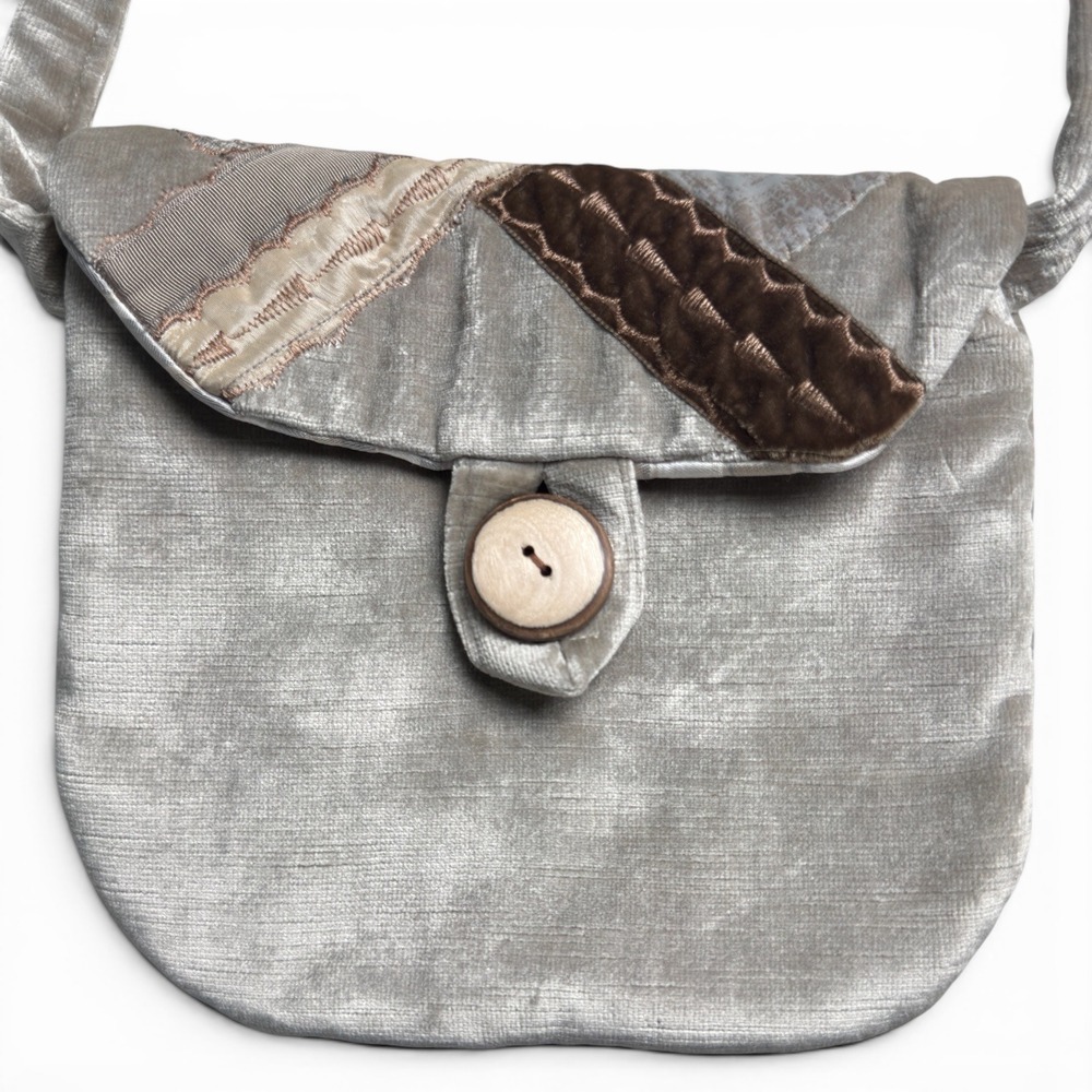 Once Upon A Time Velvet Patchwork Crossbody Bag Silver Brown Womens Small Boho‎